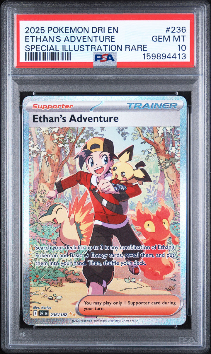 2025 Pokemon Destined Rivals Ethan's Adventure #236 Special Illustration Rare PSA 10 GEM MT, front of the slab
