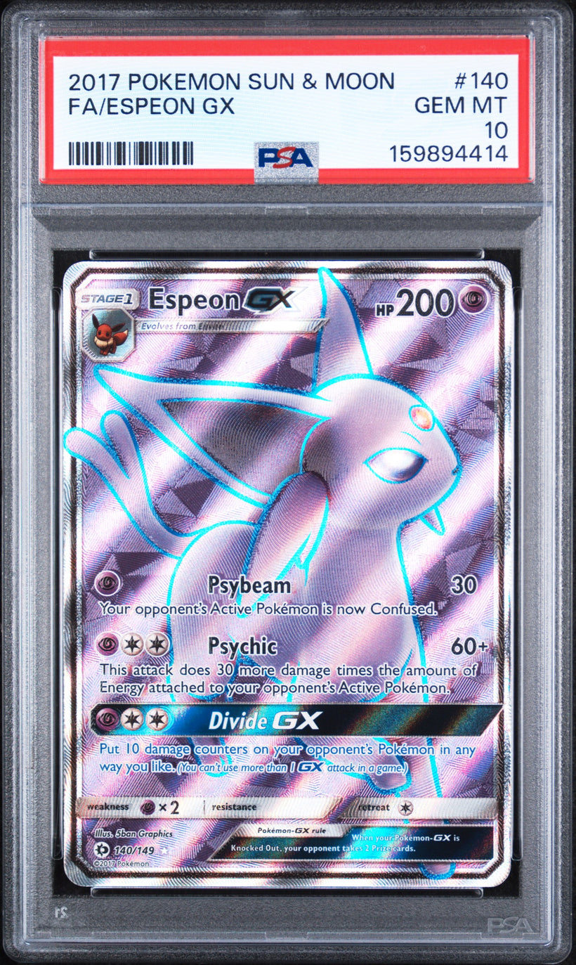 2017 Pokemon Sun & Moon Espeon GX #140/149 Full Art PSA 10 GEM MT, front of the slab