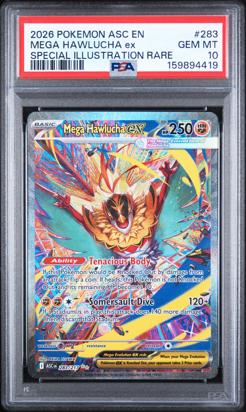 2026 Pokemon Ascended Heroes Mega Hawlucha ex #283/217 Special Illustration Rare PSA 10 GEM MT, front of the slab