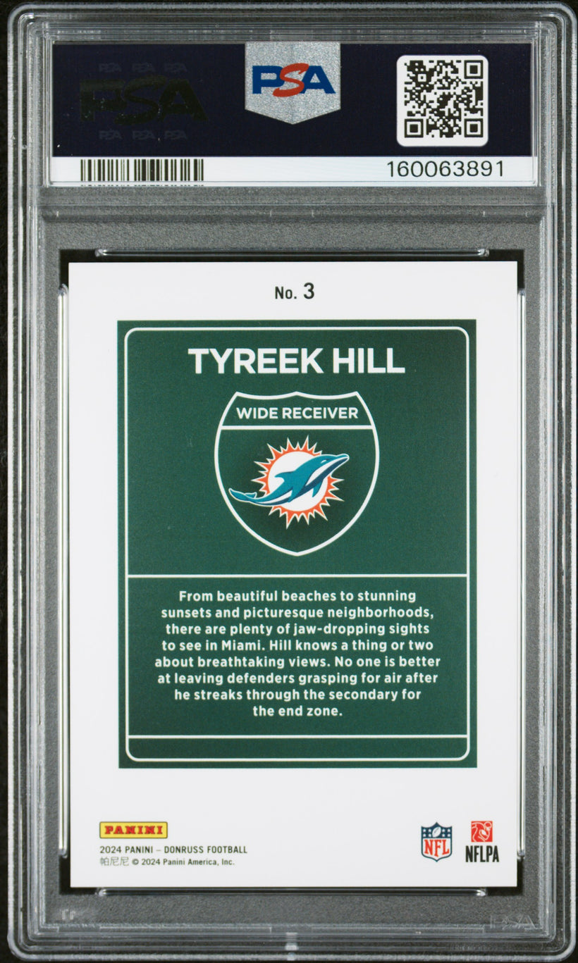 2024 Panini Donruss Downtown Tyreek Hill #3 Case Hit PSA 10 GEM MT, back of the slab