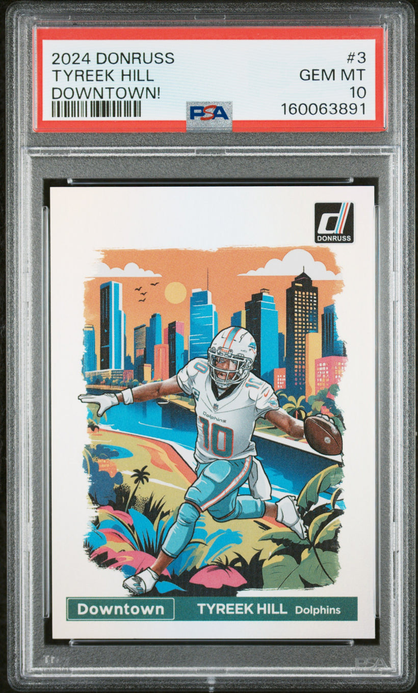 2024 Panini Donruss Downtown Tyreek Hill #3 Case Hit PSA 10 GEM MT, front of the slab