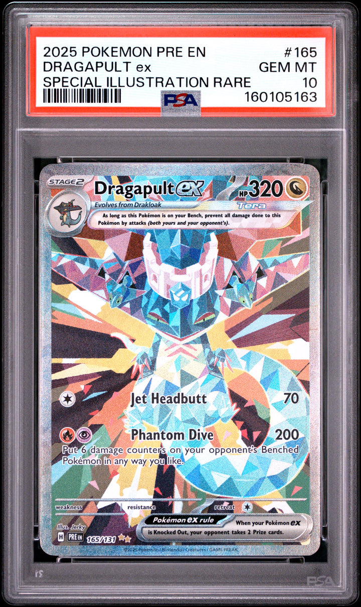 2025 Pokemon Prismatic Evolutions Dragapult ex #165 Special Illustration Rare PSA 10 GEM MT, front of the slab
