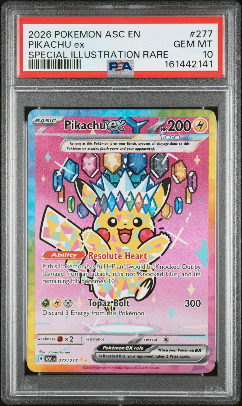Pikachu ex ASC 277/217 Ascended Heroes PSA 10, front of the slab