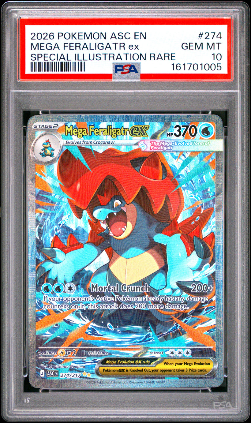 Mega Feraligatr ex PSA 10, front of the slab