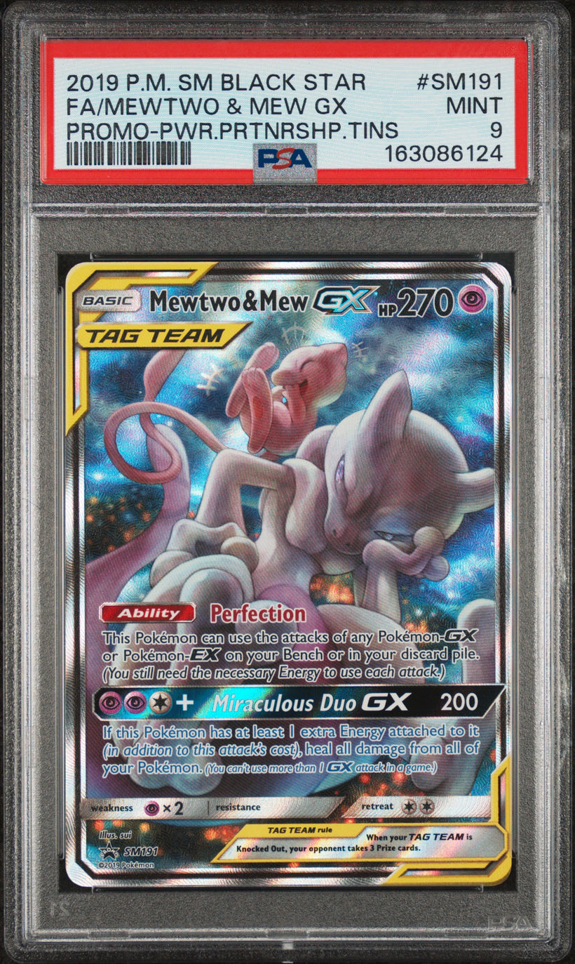2019 Pokemon SM Black Star Promo Tag Team Mewtwo & Mew GX #SM191 Full Art Power Partnership Tin PSA 9 MINT, front of the slab
