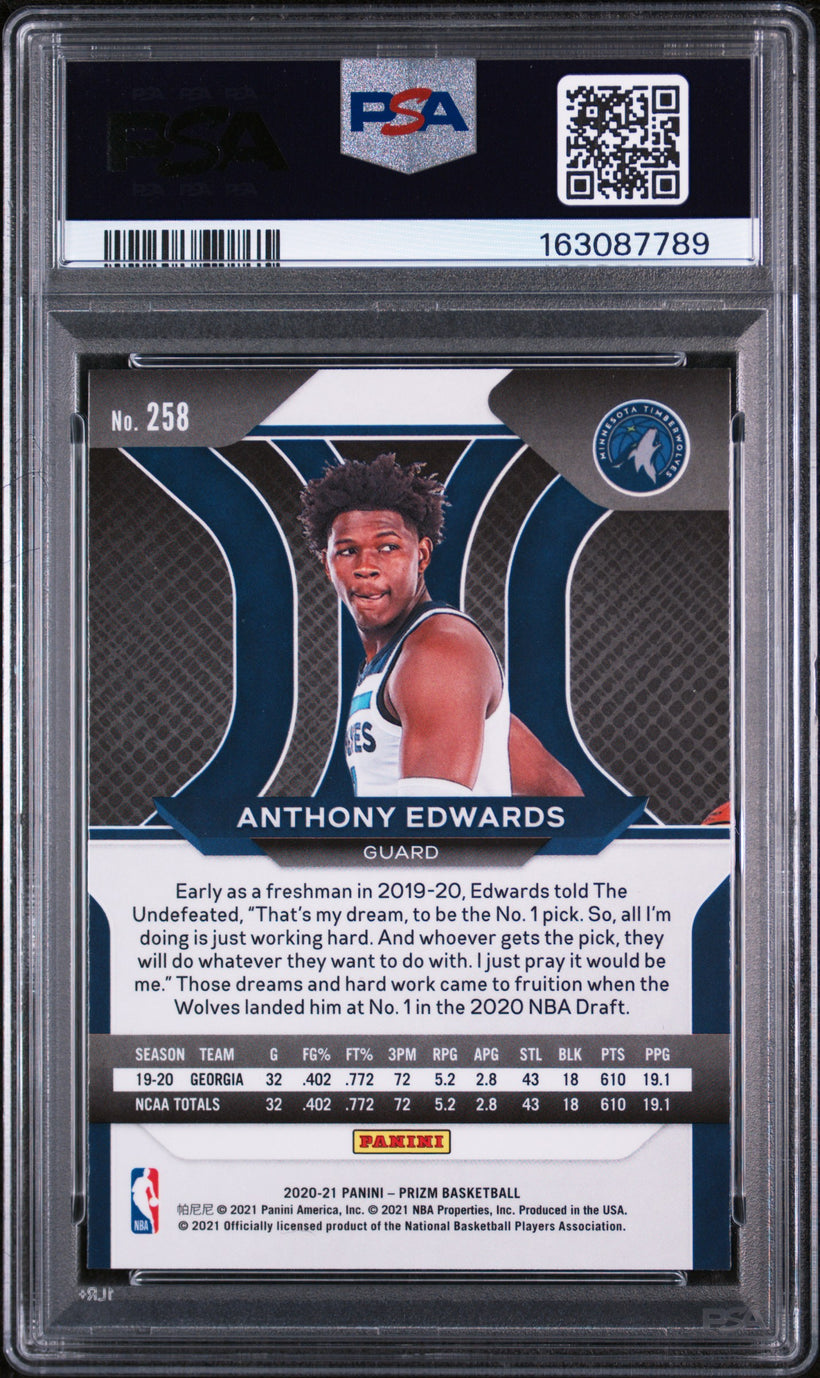 2020-21 Panini Prizm Anthony Edwards #258 Rookie PSA 9 MINT, back of the slab