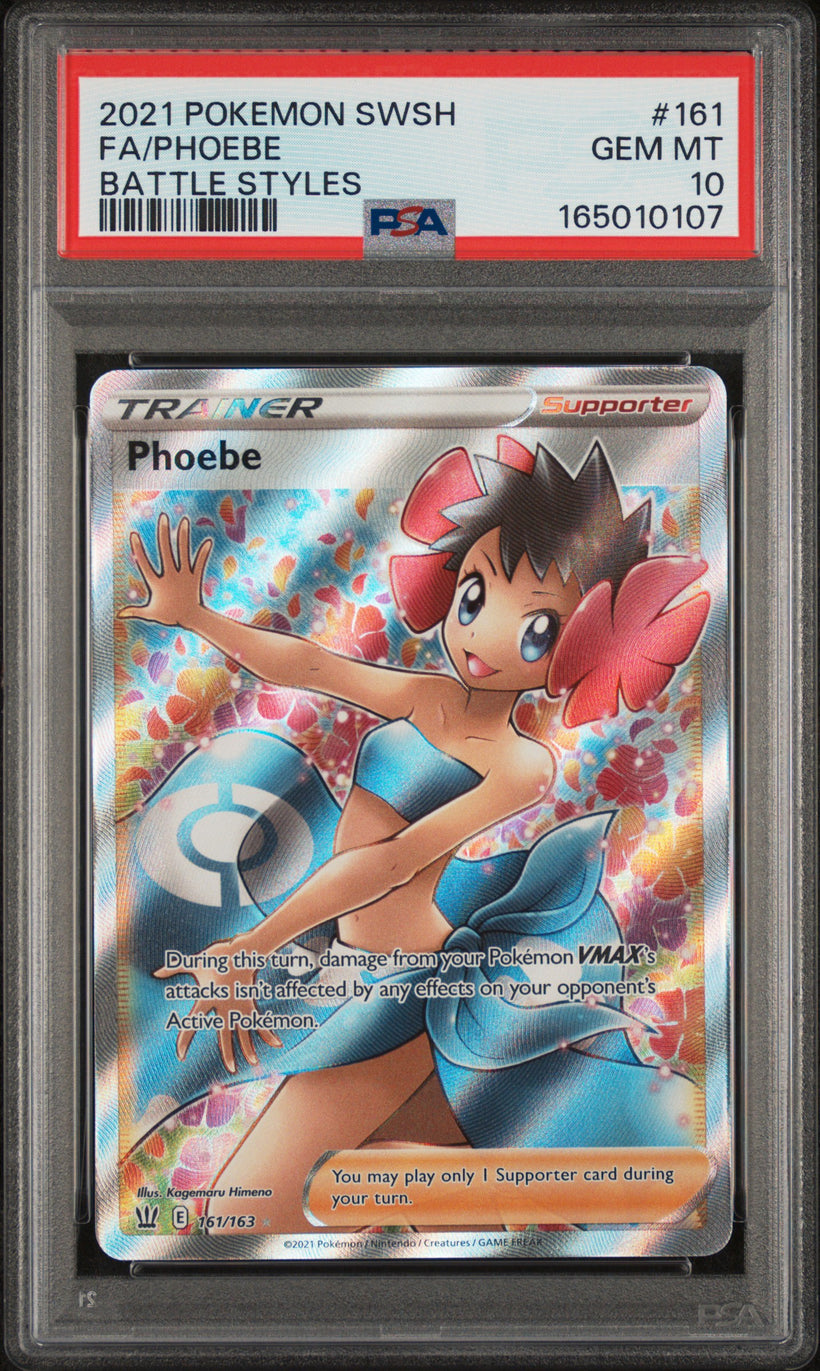 2021 Pokemon Battle Styles Phoebe #161/163 Full Art PSA 10 GEM MT, front of the slab