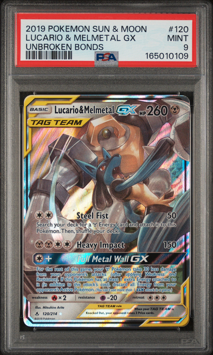 2019 Pokemon Unbroken Bonds Lucario & Melmetal GX #120/214 PSA 9 MINT, front of the slab