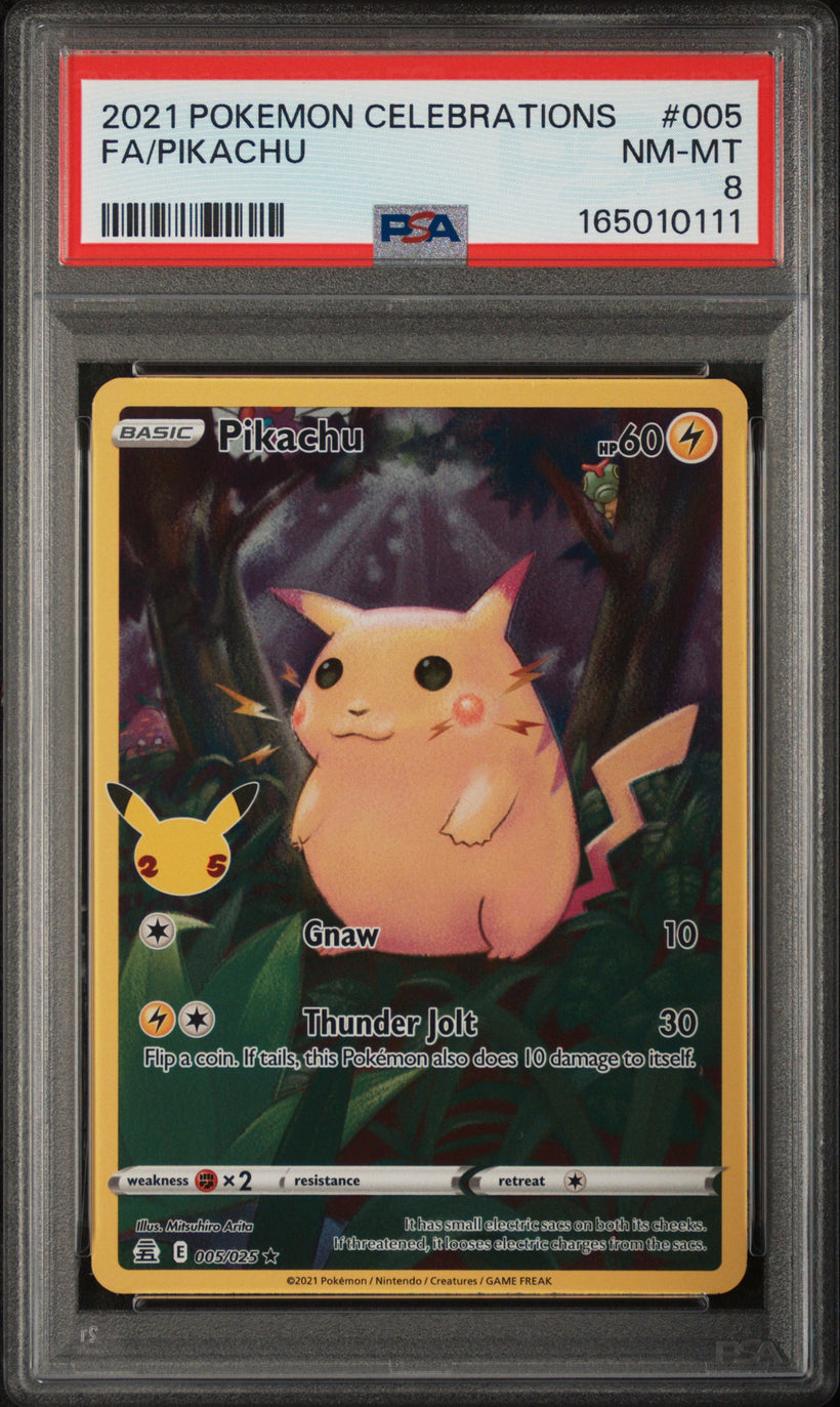 2021 Pokemon Celebrations Pikachu #005 Full Art PSA 8 NM-MT, front of the slab