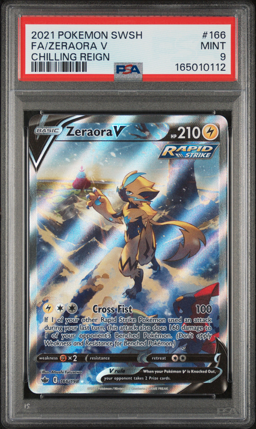 2021 Pokemon Chilling Reign Zeraora V #166 Full Art PSA 9 MINT, front of the slab