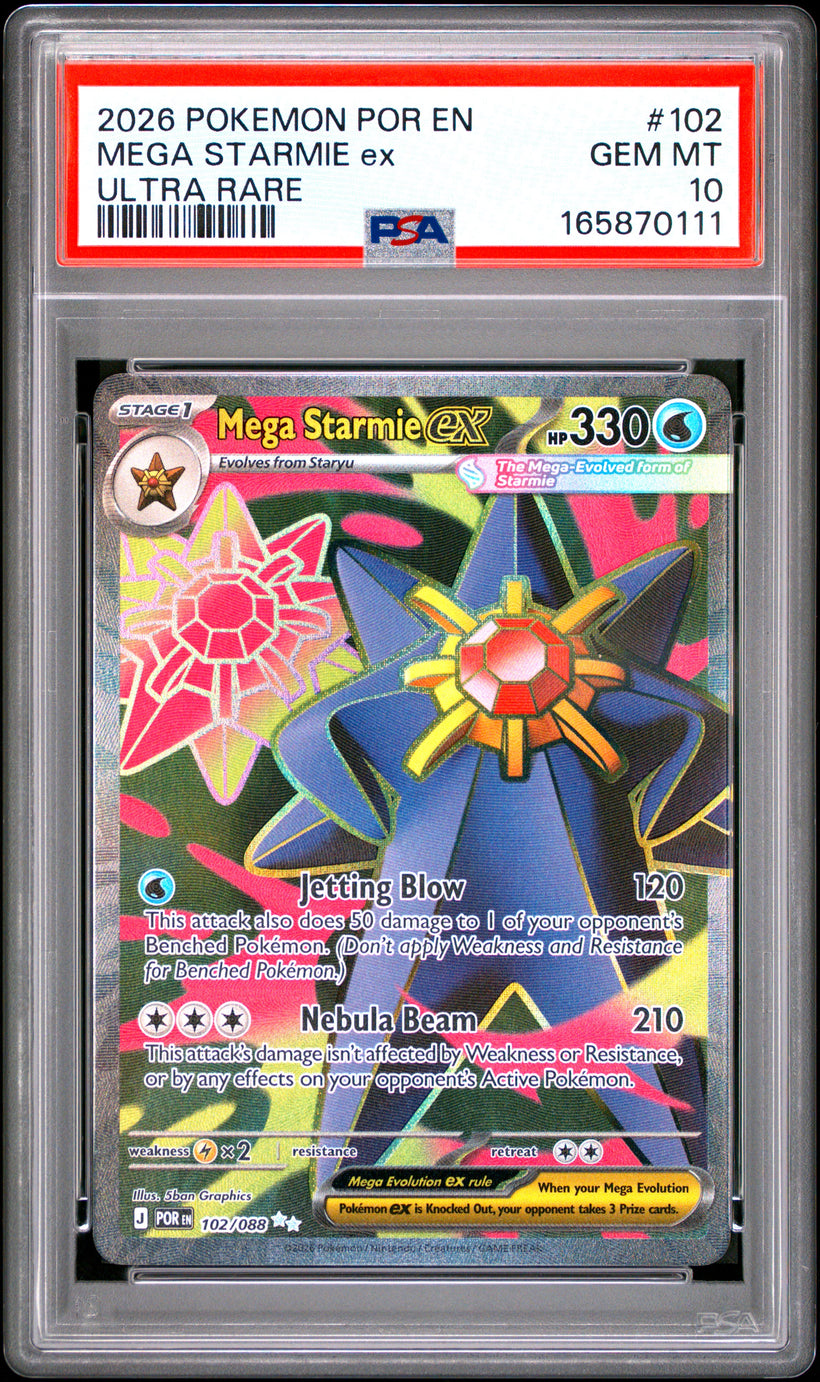 Mega Starmie ex POR 102/088 PSA 10, front of the slab