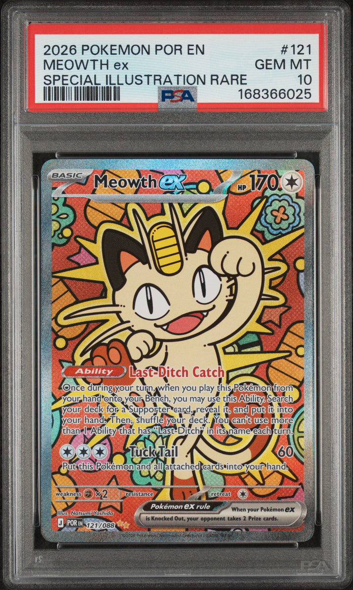 2026 Pokemon Perfect Order Meowth ex #121/088 Special Illustration Rare PSA 10 GEM MT, front of the slab