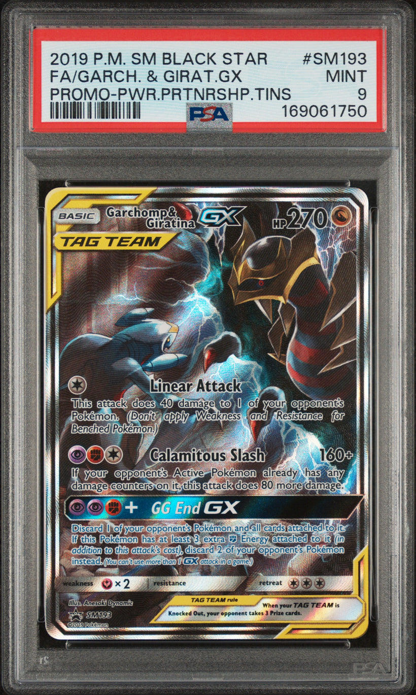 2019 Pokemon SM Black Star Promo Tag Team Garchomp & Giratina GX #SM193 Full Art Power Partnership Tin PSA 9 MINT, front of the slab