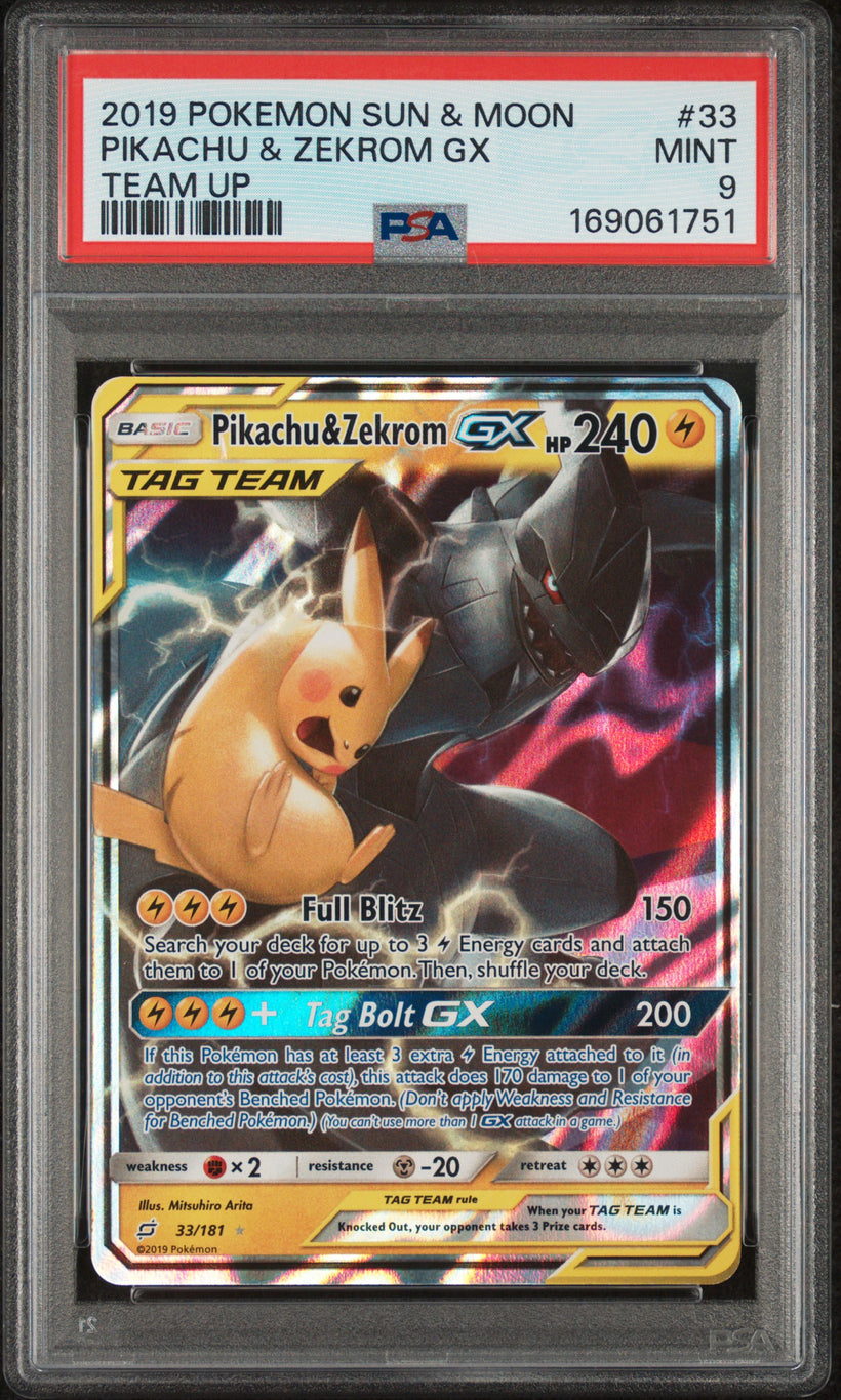 2019 Pokemon Team Up Tag Team Pikachu & Zekrom GX #33/181 PSA 9 MINT, front of the slab