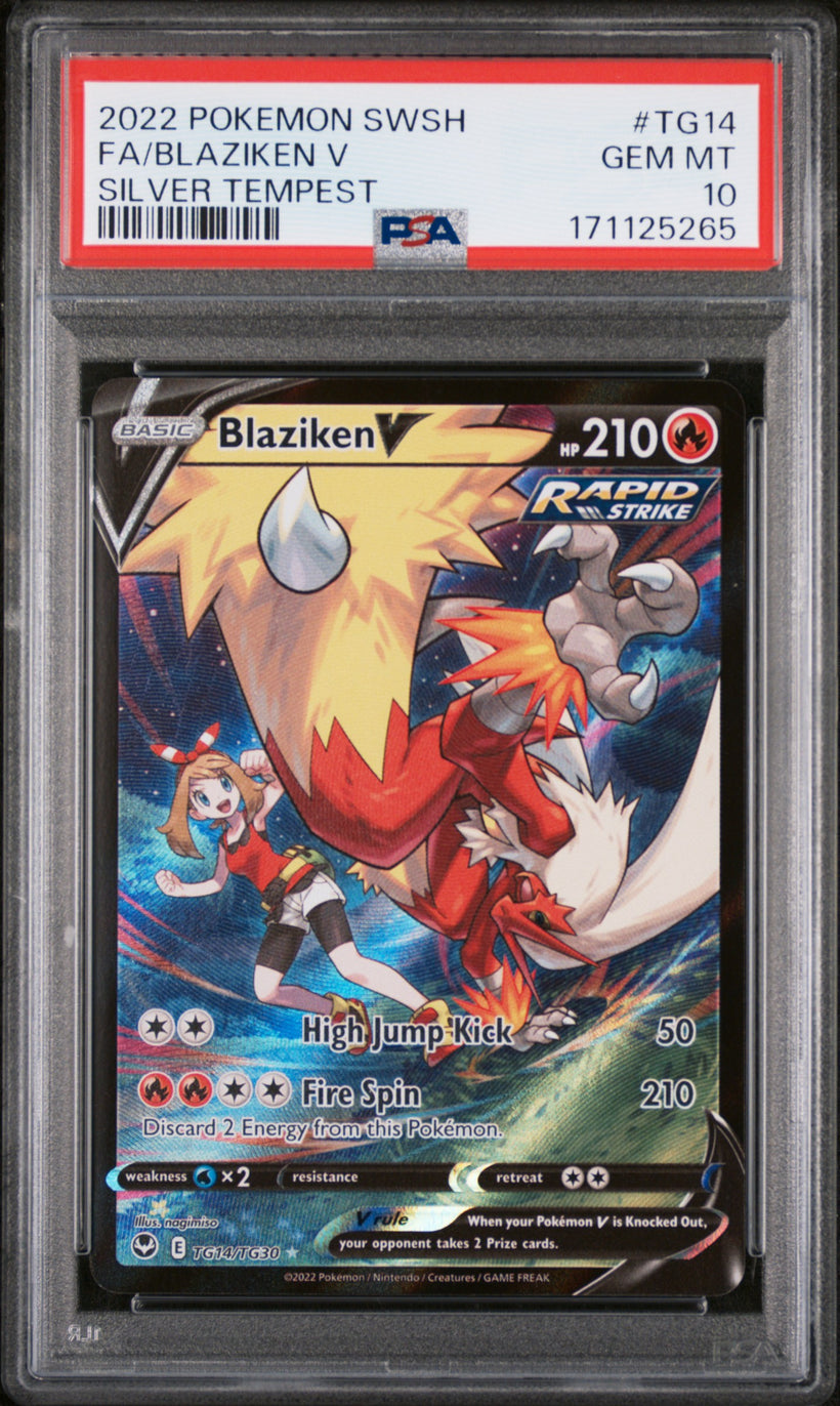 2022 Pokemon Silver Tempest Blaziken V #TG14/TG30 Full Art PSA 10 GEM MT, front of the slab