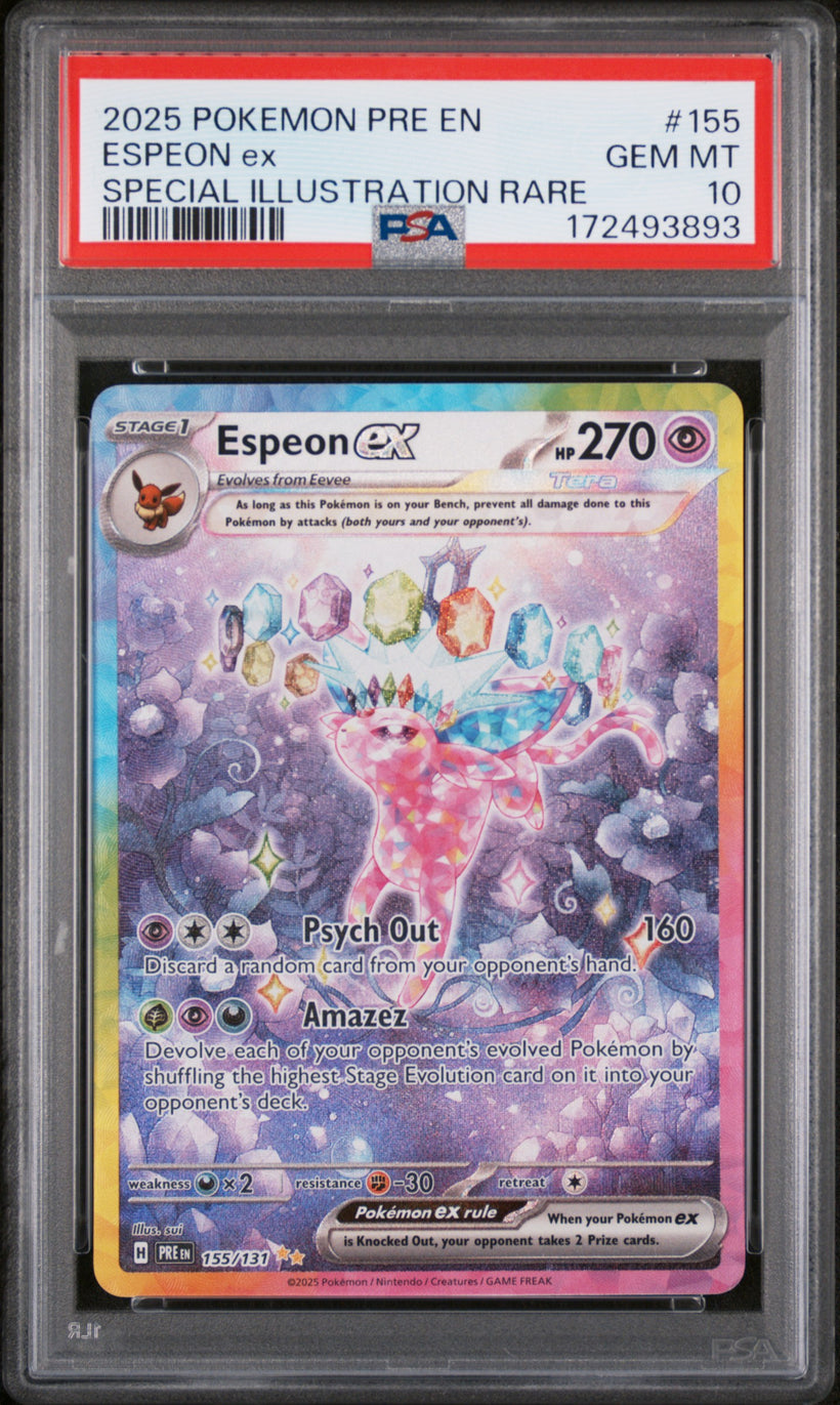2025 Pokemon Prismatic Evolutions Espeon ex #155/131 Special Illustration Rare PSA 10 GEM MT, front of the slab