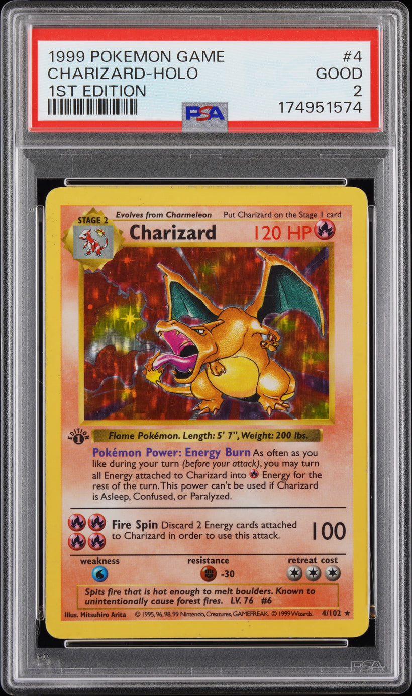 1999 Pokemon Base Set Charizard #4/102 Holo 1st Edition PSA 2 GOOD, front of the slab