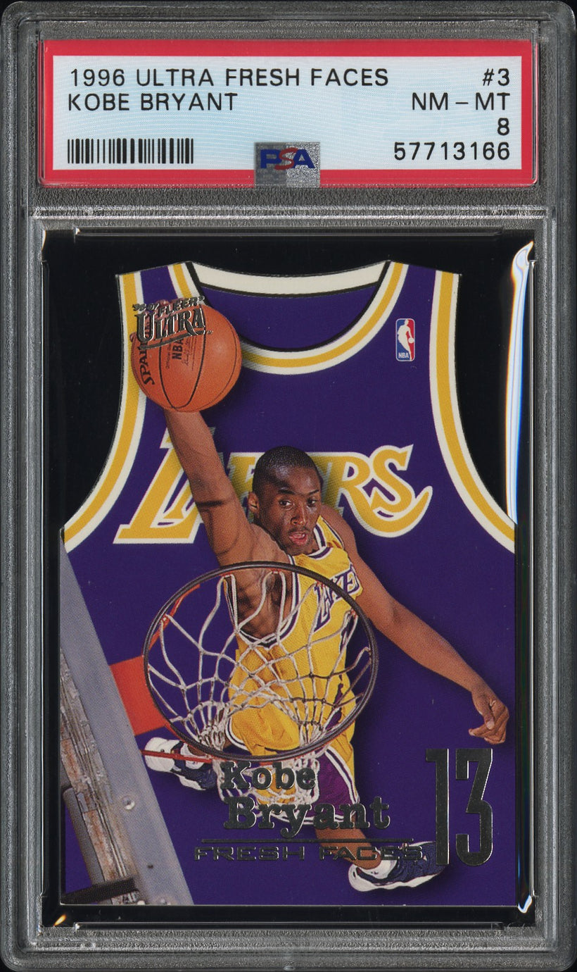 1996 Ultra Fresh Faces Kobe Bryant #3 Die-Cut Rookie PSA 8 NM-MT, front of the slab