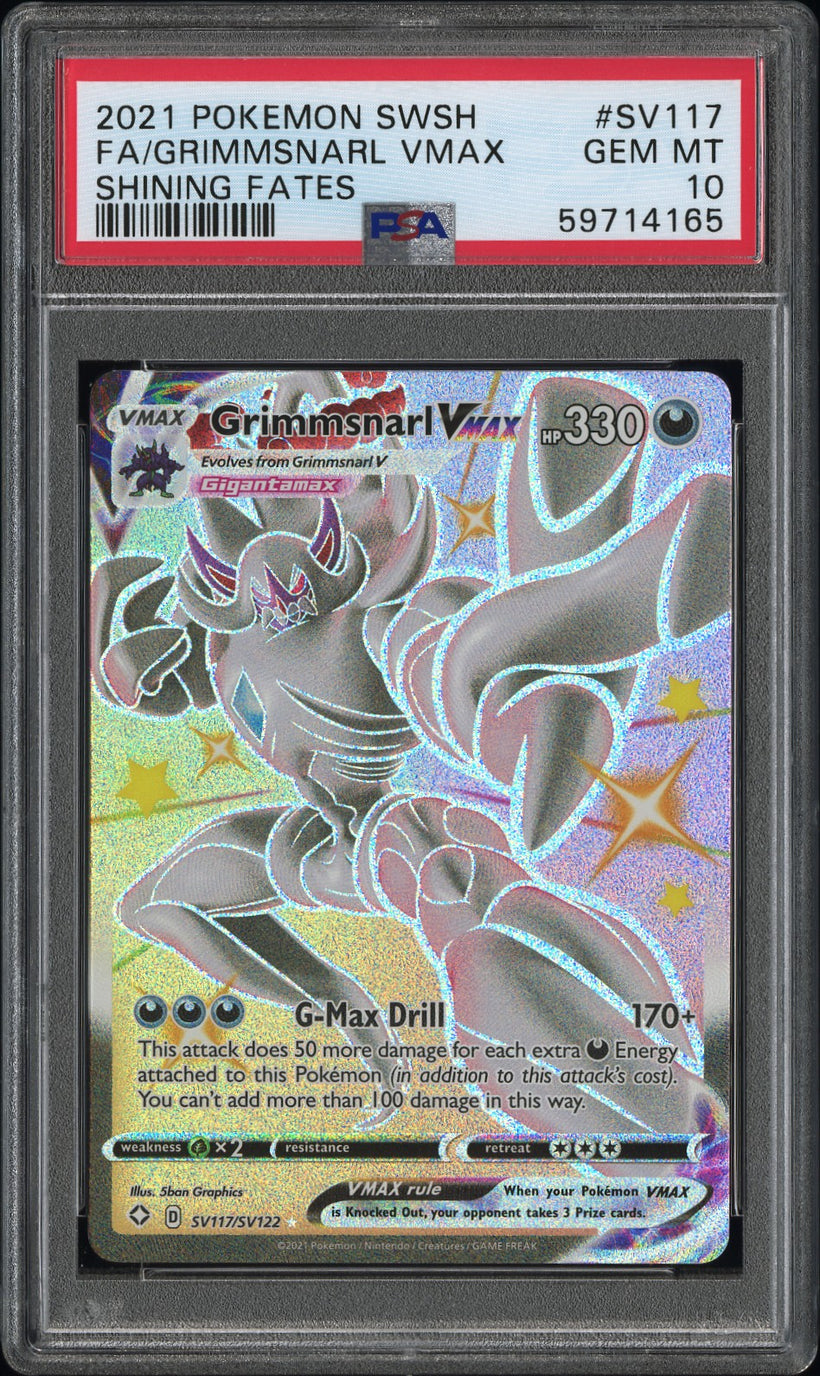 2021 Pokemon Shining Fates Grimmsnarl VMAX #SV117/SV122 Full Art PSA 10 GEM MT, front of the slab