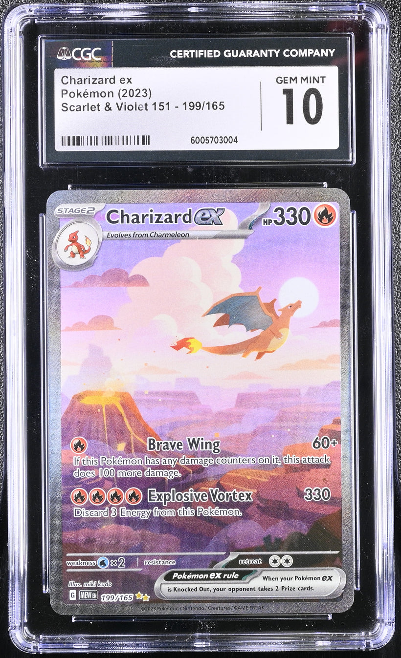 Pokemon 151 Charizard ex #199/165 CGC 10, front of the slab