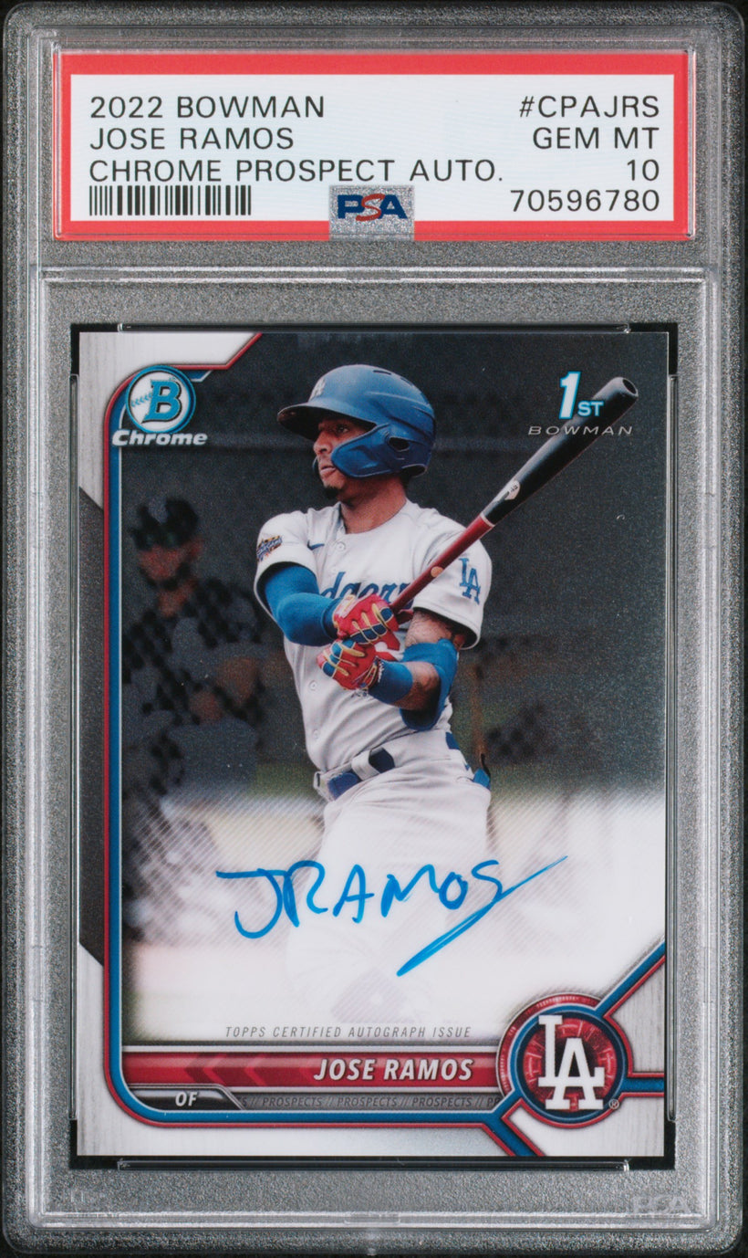 2022 Bowman Chrome Prospect Autographs Jose Ramos #CPA-JRS 1st Prospect Auto Dodgers PSA 10 GEM MT, front of the slab