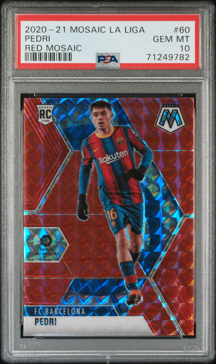 2020-21 Panini Mosaic La Liga Pedri RC Mosaic Red Rookie #60 PSA 10, front of the slab