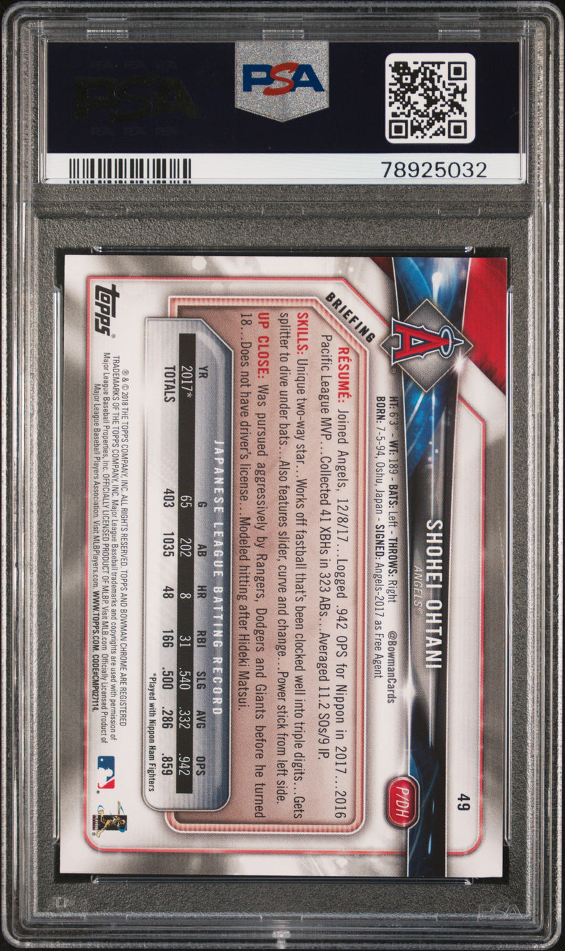 2018 Bowman Shohei Ohtani #49 Rookie PSA 6 EX-MT, back of the slab