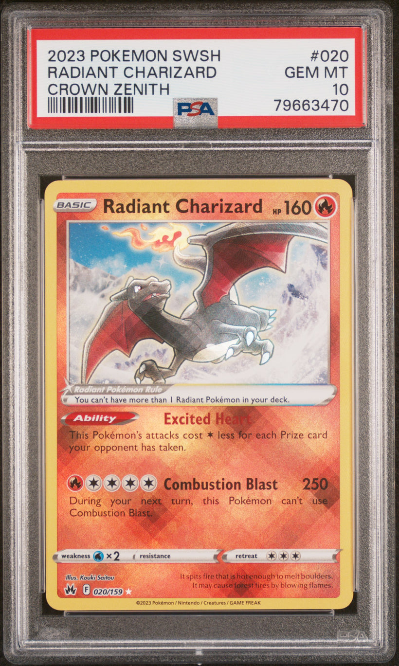 2023 Pokemon Crown Zenith Radiant Charizard #020/159 PSA 10 GEM MT, front of the slab