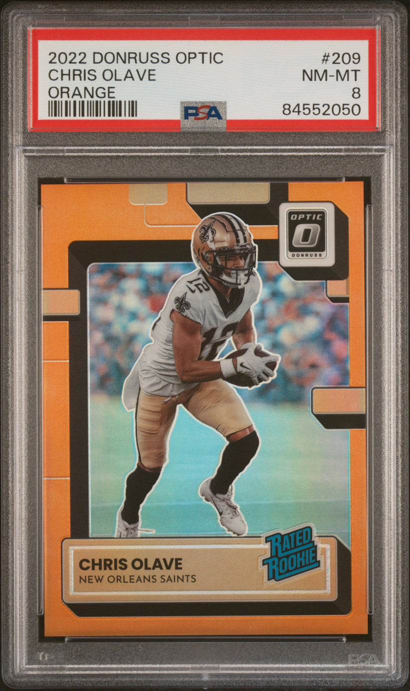 2022 Panini Donruss Optic Chris Olave #209 Orange /199 RC PSA 8 NM-MT, front of the slab