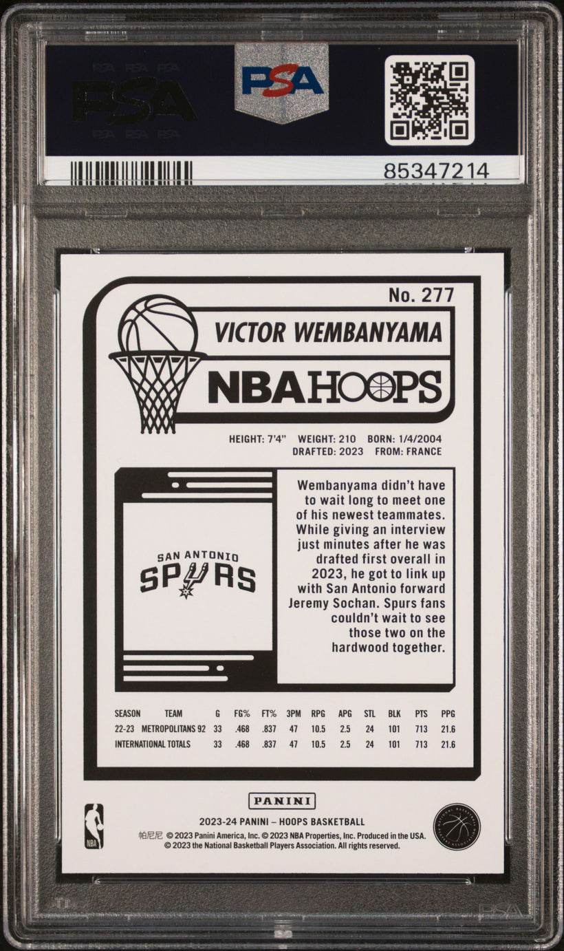 2023-24 Panini NBA Hoops Victor Wembanyama #277 RC PSA 10 GEM MT, back of the slab