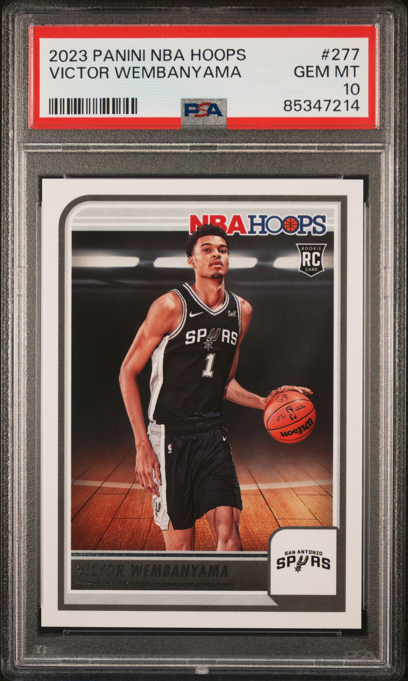 2023-24 Panini NBA Hoops Victor Wembanyama #277 RC PSA 10 GEM MT, front of the slab