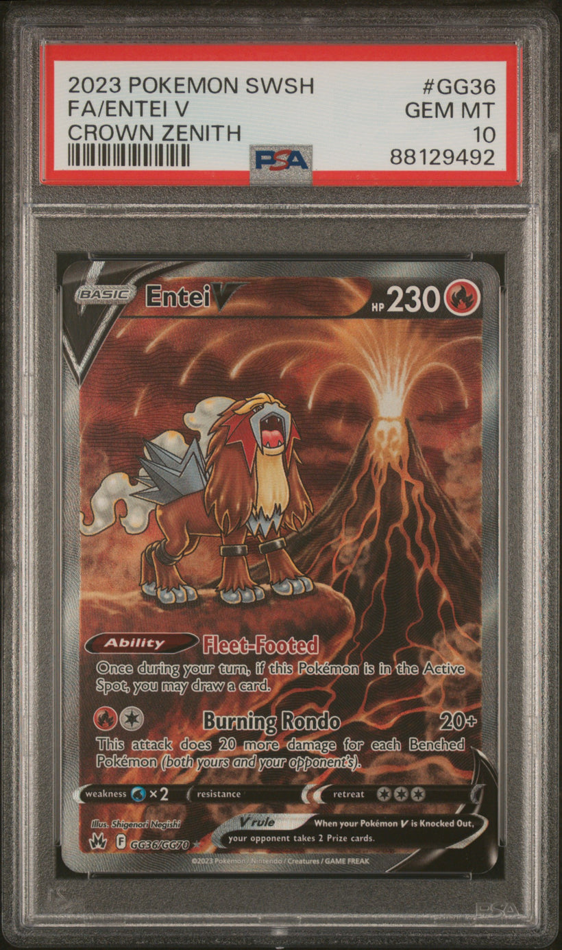 2023 Pokemon Crown Zenith Entei V #GG36 Full Art PSA 10 GEM MT, front of the slab