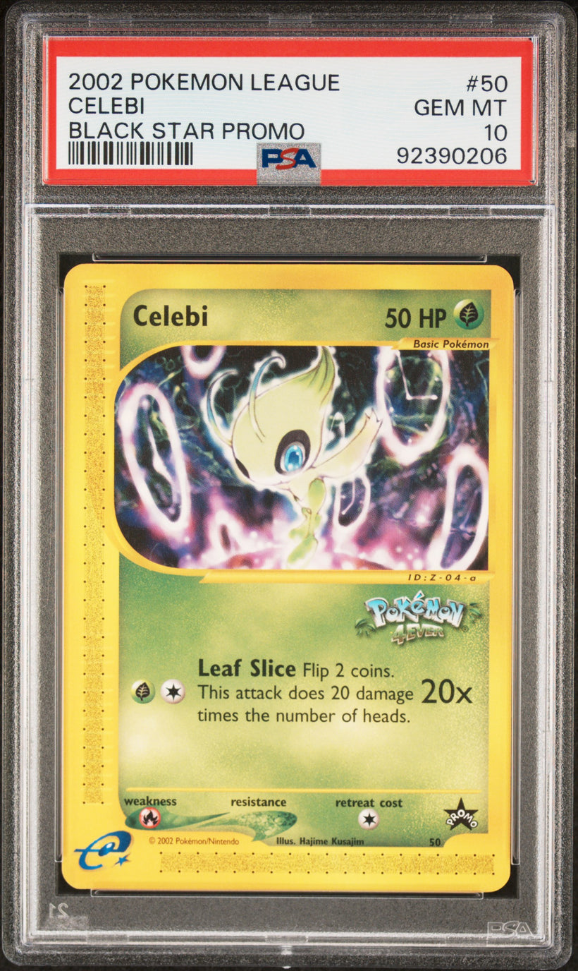 2002 Pokemon League Promo Black Star Celebi #50 PSA 10 GEM MT, front of the slab