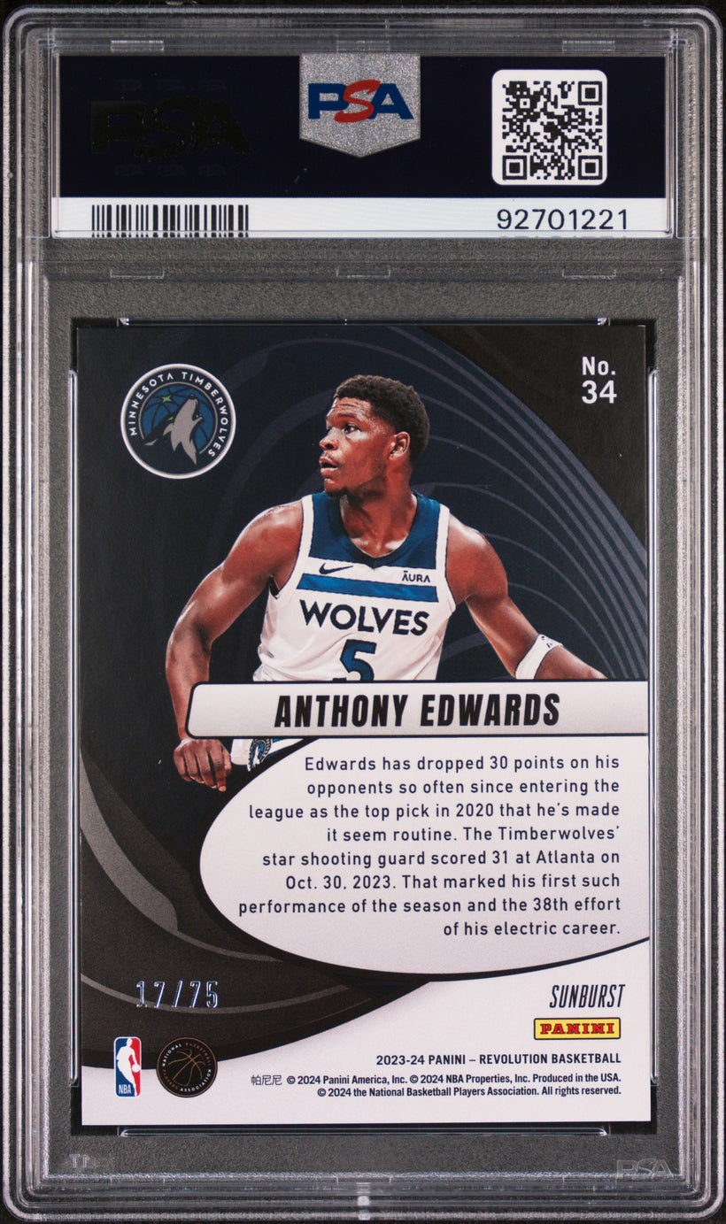 2023 Panini Revolution Vortex Anthony Edwards #34 Sunburst 53/75 PSA 9 MINT, back of the slab