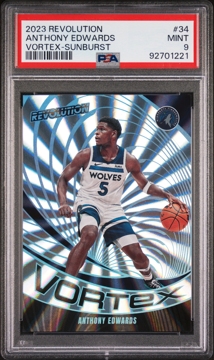 2023 Panini Revolution Vortex Anthony Edwards #34 Sunburst 53/75 PSA 9 MINT, front of the slab