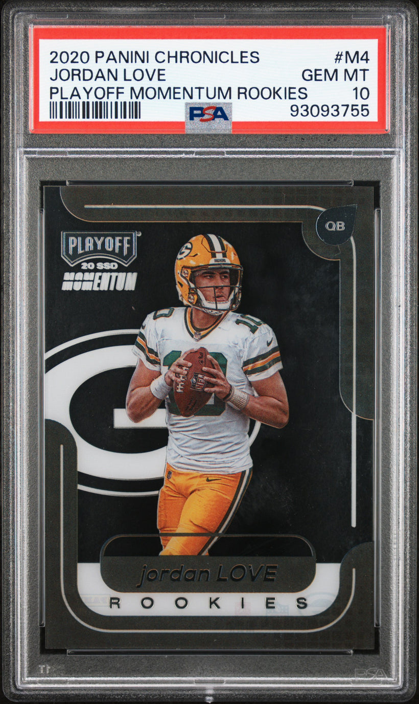 2020 Panini Chronicles Playoff Momentum Rookies Jordan Love #M4 PSA 10 GEM MT, front of the slab