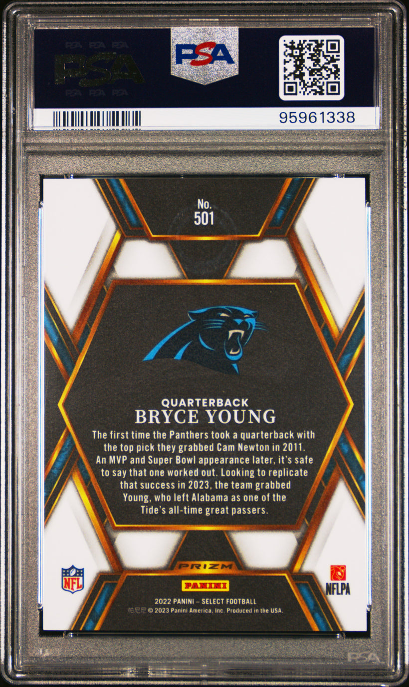 2022 Panini Select Bryce Young #501 2023 XRC Silver Prizm Rookie PSA 10 GEM MT, back of the slab