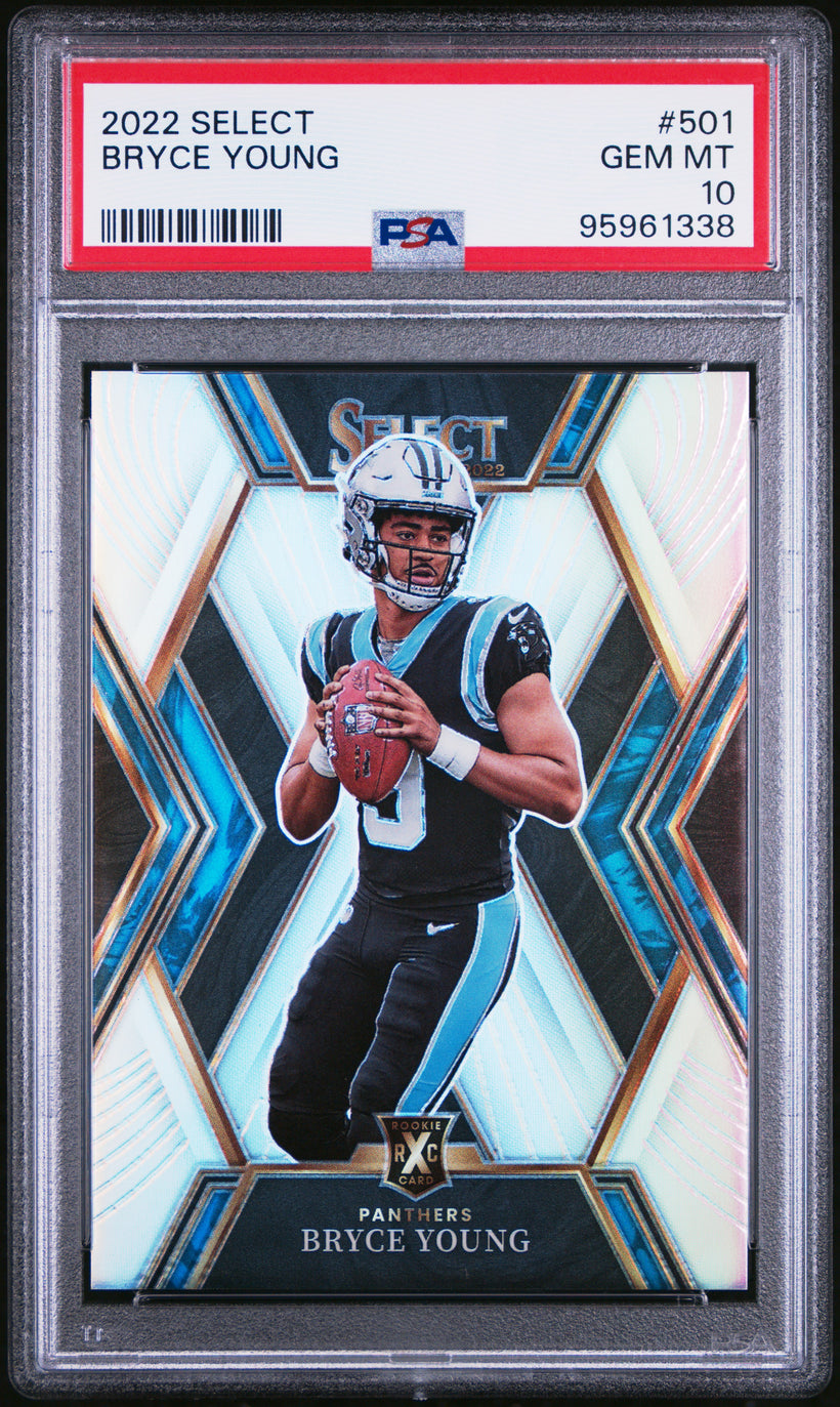 2022 Panini Select Bryce Young #501 2023 XRC Silver Prizm Rookie PSA 10 GEM MT, front of the slab