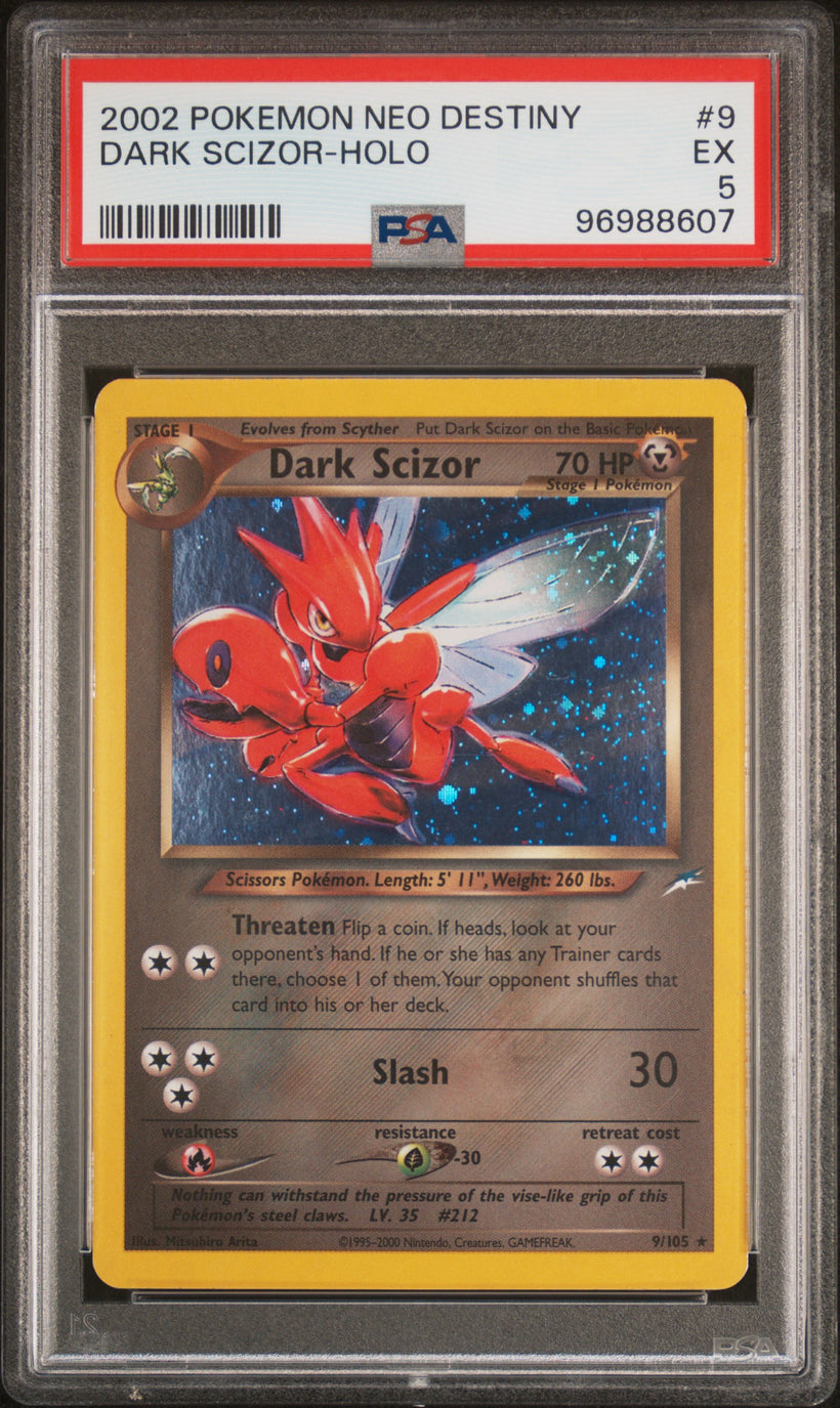 2002 Pokemon Neo Destiny Dark Scizor #9/105 Holo PSA 5 EX, front of the slab