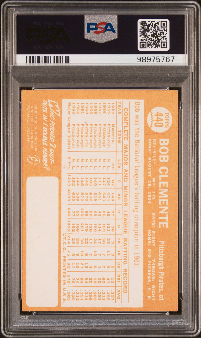 1964 Topps Roberto (Bob) Clemente #440 PSA 4 VG-EX, back of the slab