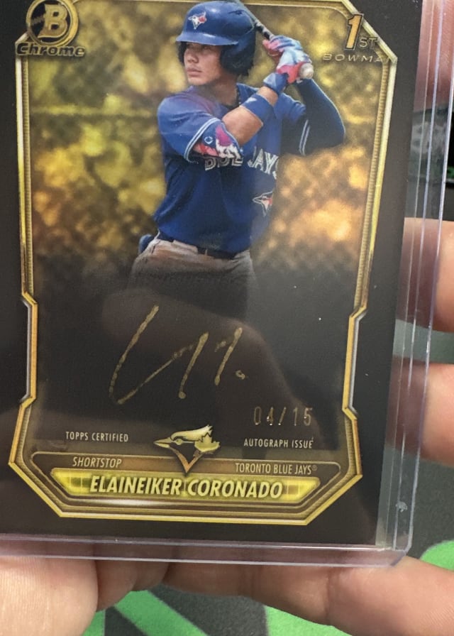 Elaineiker Coronado 1st Bowman Chrome gold autograph 4 of 15 pulled live at Break Boss